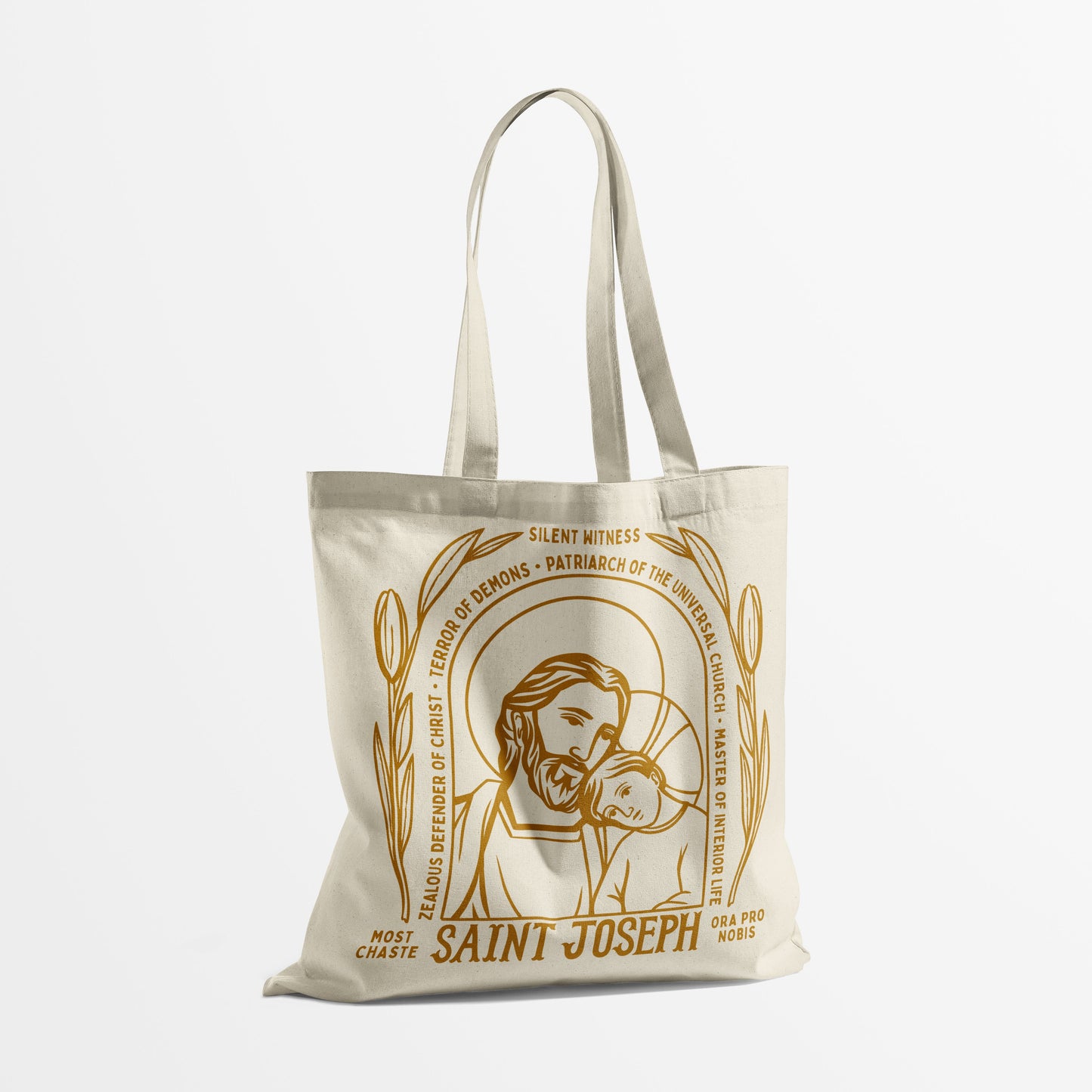 Tote bag with a design of Saint Joseph holding a child on a white background