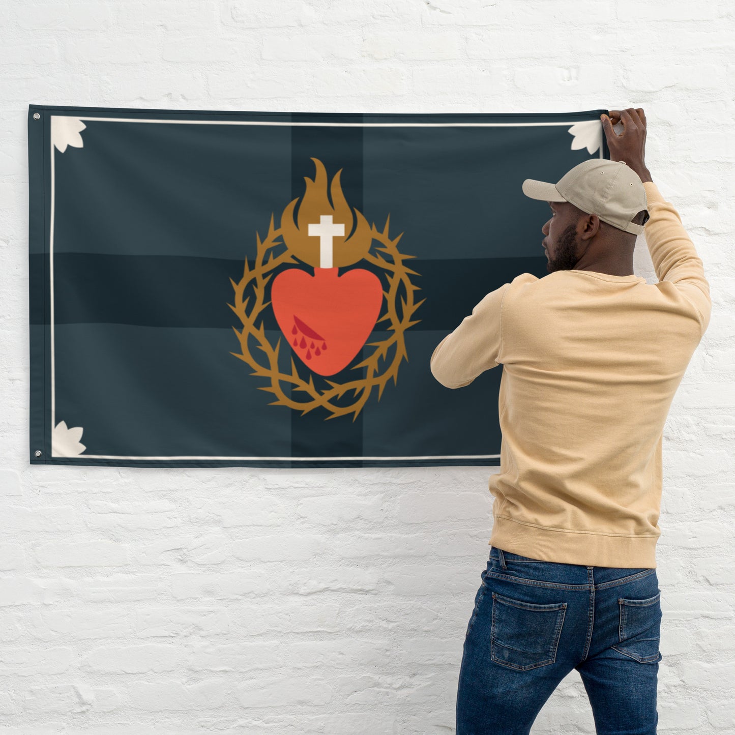 Flag: Sacred Heart of Jesus, Navy Horizontal