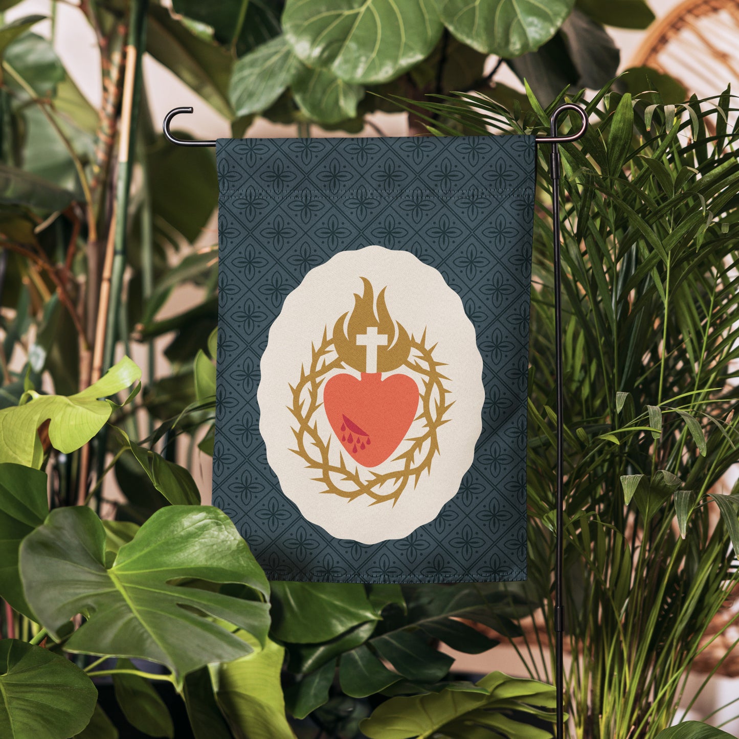 Sacred Heart of Jesus Garden Flag Navy Oval