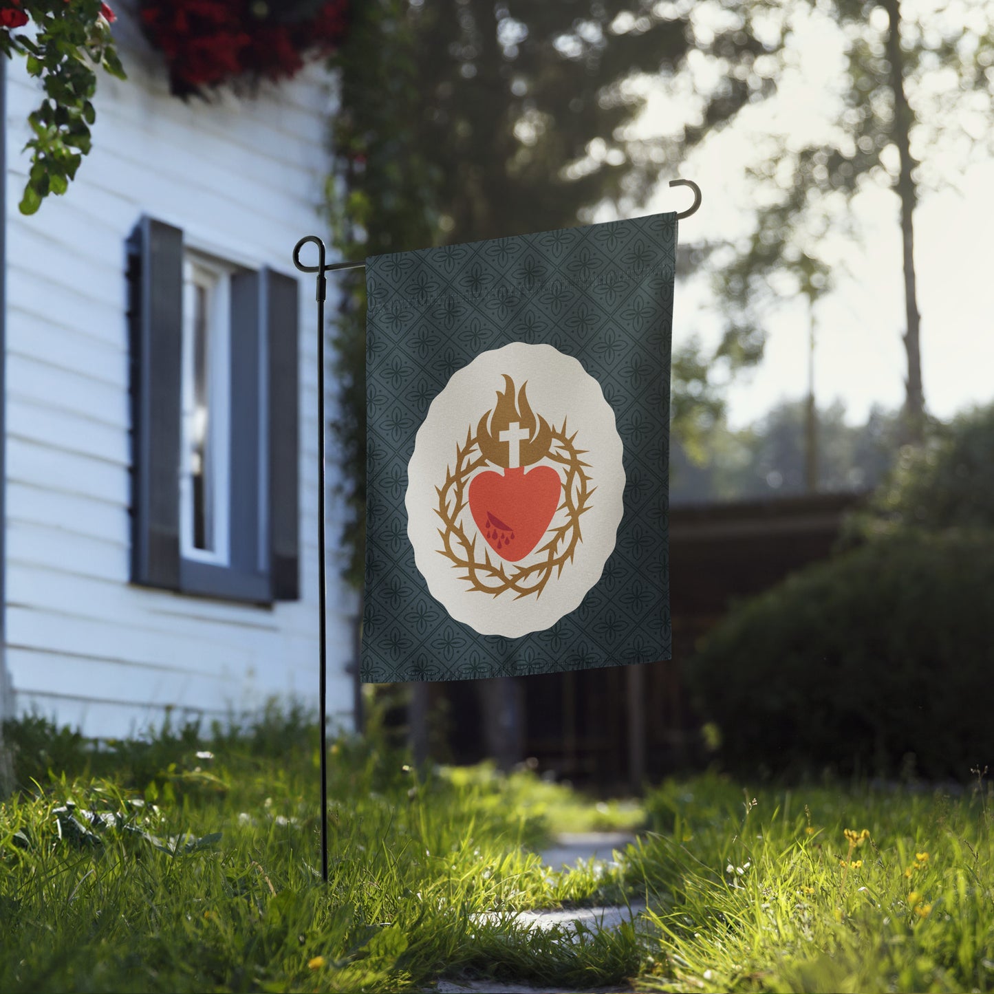 Sacred Heart of Jesus Garden Flag Navy Oval
