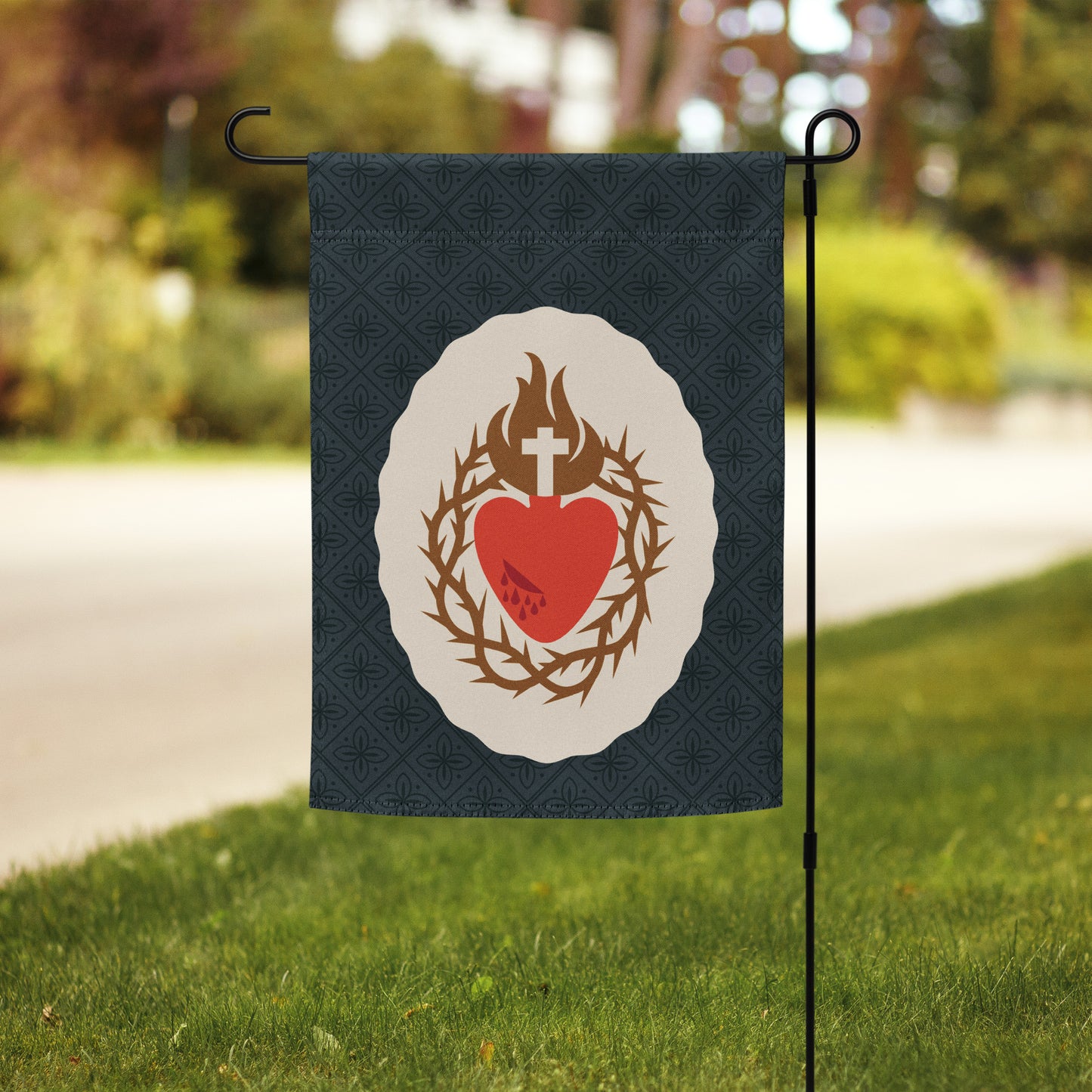 Sacred Heart of Jesus Garden Flag Navy Oval